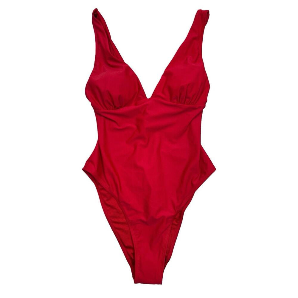 Cupshe Deep V-Neck High‎ Cut Leg Keyhole Back Tie One Piece Swimsuit XXL RED NWT